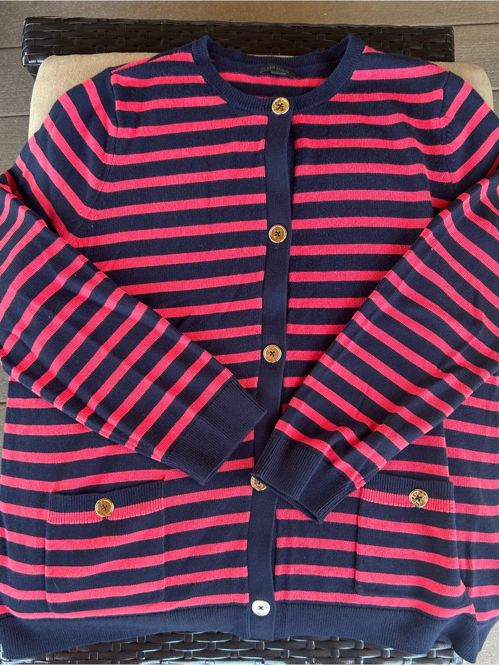 JJill Striped Navy & Coral Button-Front Cardigan